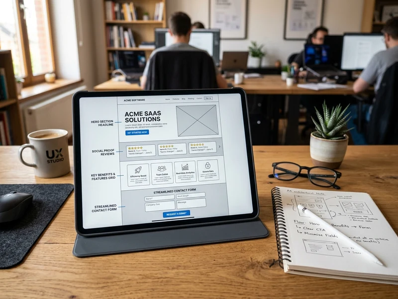 Wireframe dettagliato e architettura di layout di una landing page ad alta conversione visualizzato su tablet con sezioni per proposta di valore, riprova sociale e form contatti
