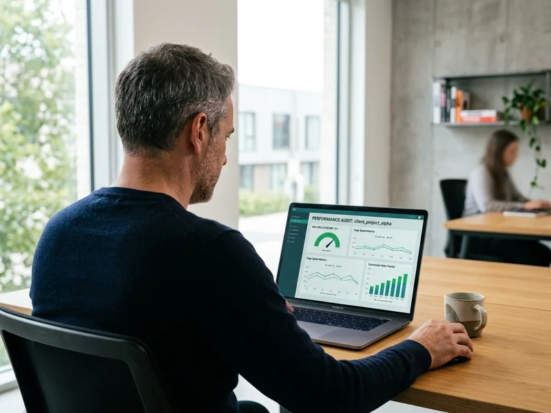 Schermata analitica di audit delle prestazioni e del tasso di conversione su laptop in un ambiente professionale moderno