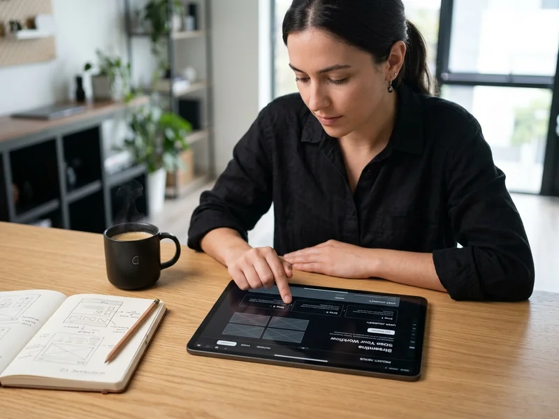 Designer professionista al lavoro su tablet per la definizione di wireframe e layout ad alta conversione per un sito web su misura