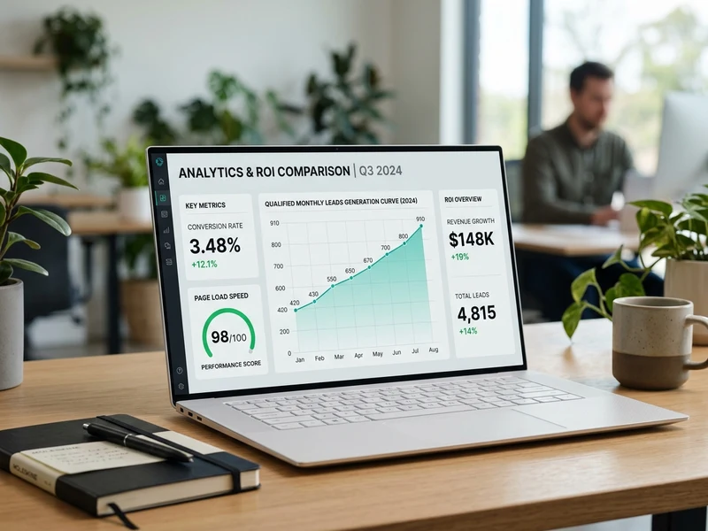 Dashboard di analisi e confronto ROI su laptop che evidenzia tasso di conversione elevato, punteggio di velocità 98 su 100 e crescita dei contatti qualificati