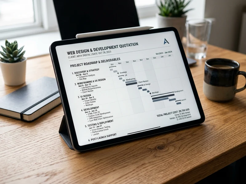 Documento di preventivo web design e roadmap di progetto visualizzato su tablet con piano di lavoro chiaro e dettagliato