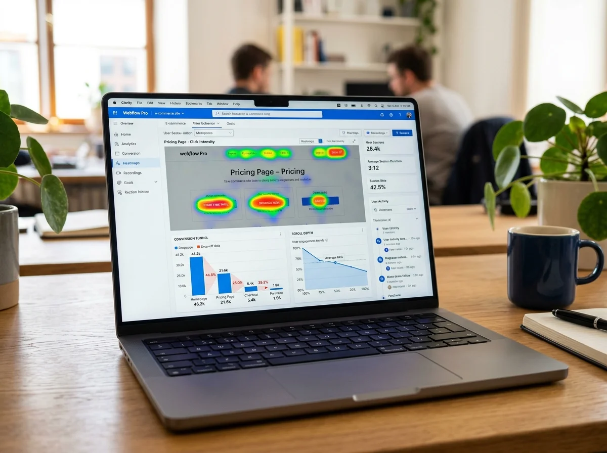 Schermata di analisi comportamentale con mappa di calore e funnel di conversione su laptop per individuare i punti di abbandono degli utenti