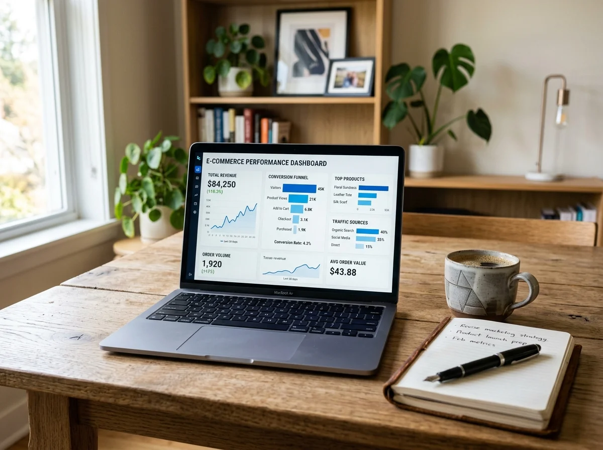 Dashboard analitica delle vendite e-commerce su laptop con grafici di fatturato, tasso di conversione e riduzione dei carrelli abbandonati