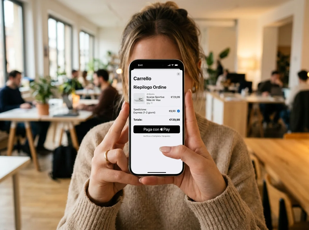Interfaccia mobile di checkout e-commerce pulita e moderna con riepilogo rapido dell'ordine e pulsante di pagamento one-click con Apple Pay